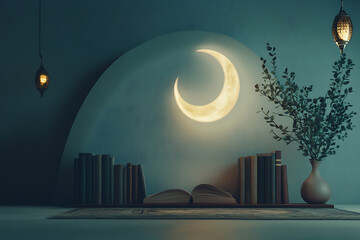 Serene Nighttime Library Scene with Moon