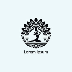 a yoga logo with a tree and a person doing yoga
