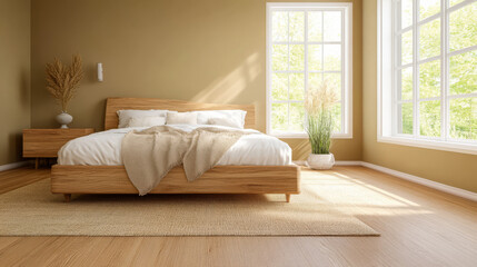 Fototapeta premium Cozy bedroom with natural light and wooden furniture in a warm atmosphere