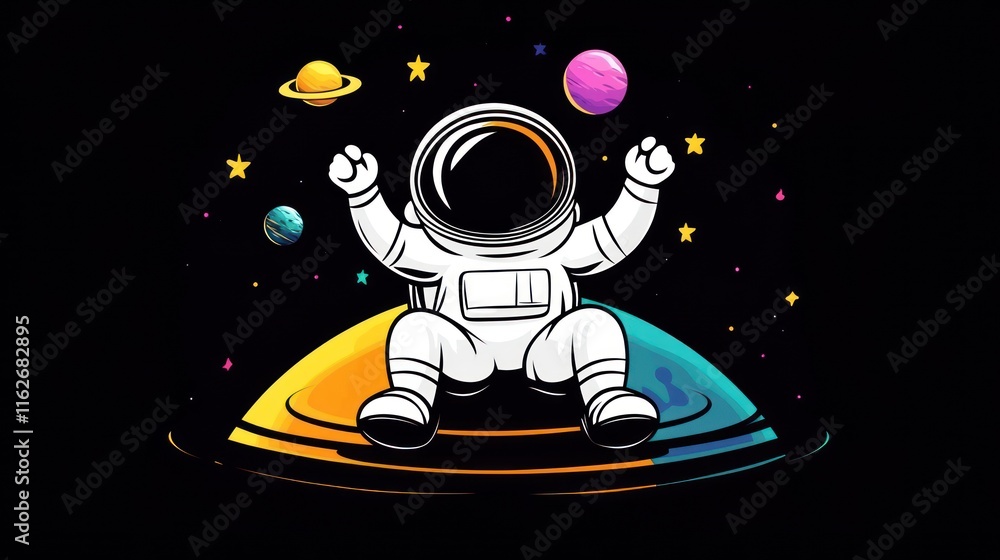 Poster a colorful astronaut joyfully sits on a planet amidst stars and other celestial bodies.