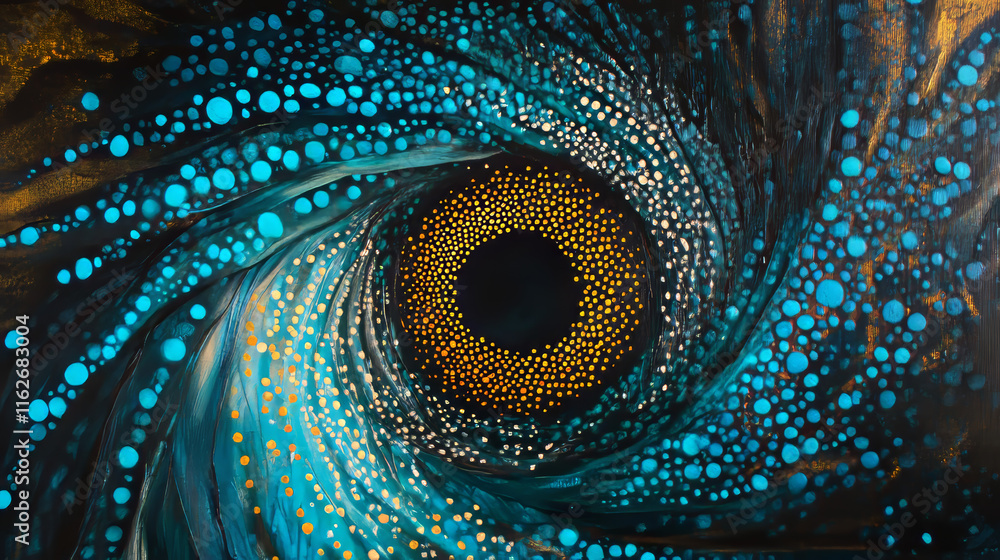 Poster abstract pattern of graduated turquoise shiny dots or circles going from the darkest at the outer ed