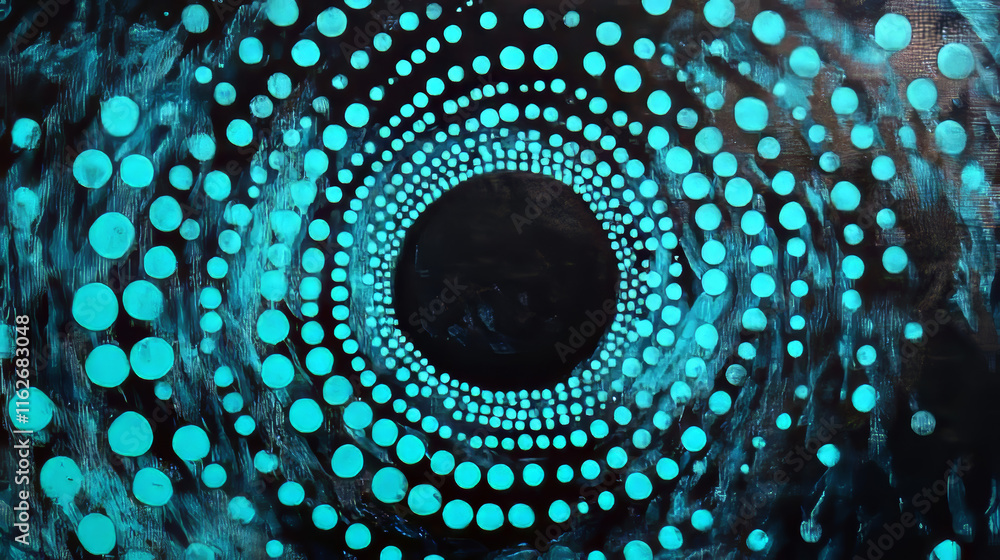 Poster abstract pattern of graduated turquoise shiny dots or circles going from the darkest at the outer ed