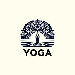 a yoga logo with a tree and a person doing yoga