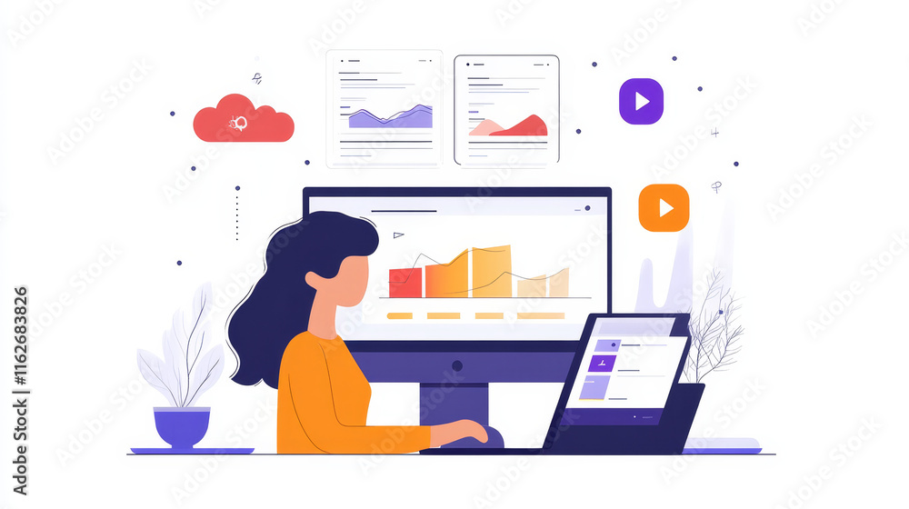 Poster data stream technology flat banner for big data management and cloud computing concept. user with la