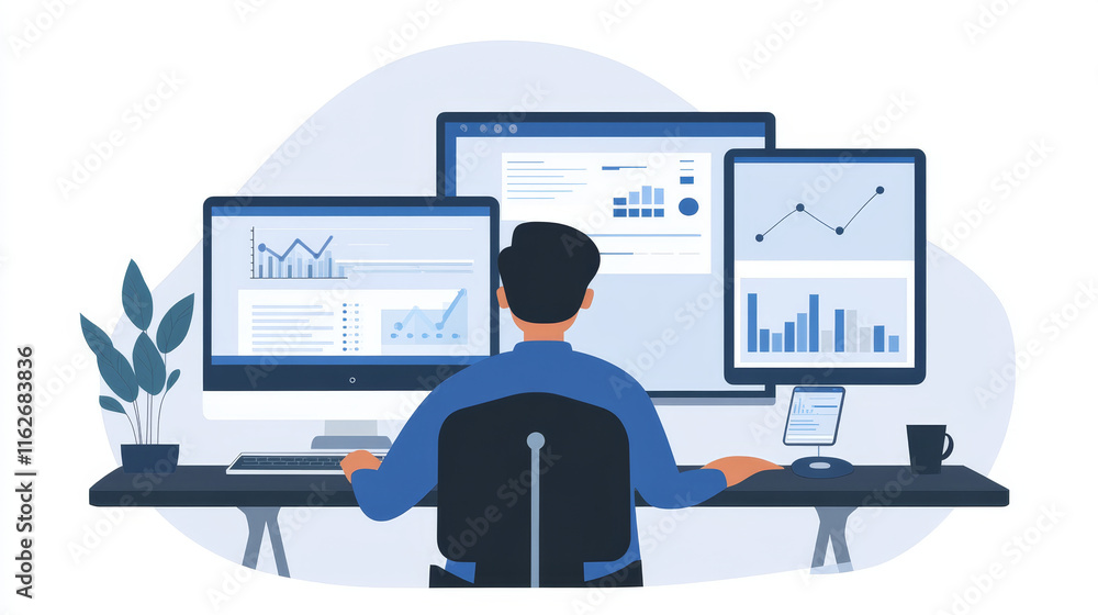 Poster data stream technology flat banner for big data management and cloud computing concept. user with la
