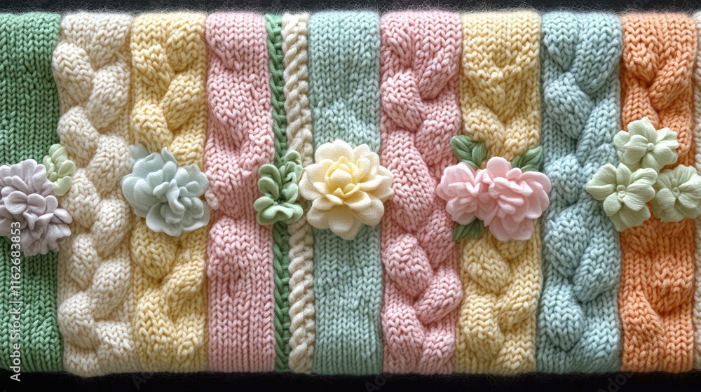 Poster A colorful display of knitted fabric patterns adorned with artificial flowers.