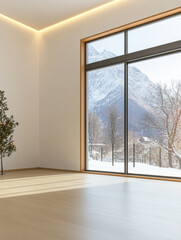 Fototapeta premium Modern interior design showcases snowy mountain view through large window