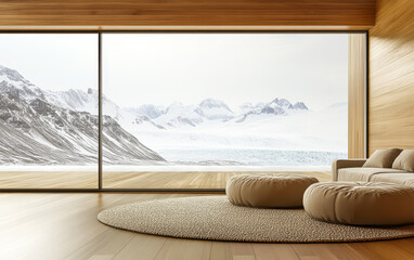 Modern interior design with a stunning view of snow-covered mountains and glacier