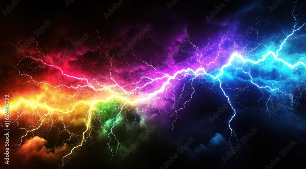 Poster abstract background with colorful lightning on a black backdrop, neon light effect