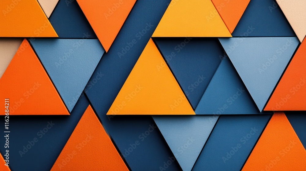 Poster A colorful geometric pattern of triangles in orange and blue tones.