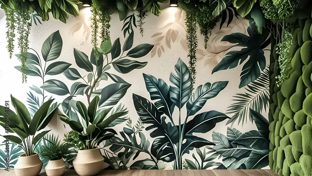 Poster a feature wall using large botanical murals leafy patterns or 3D moss panels.