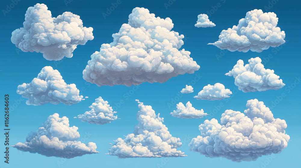 Poster clouds in cloudy sky realistic vector design on transparent background. blue heaven with 3d white cl