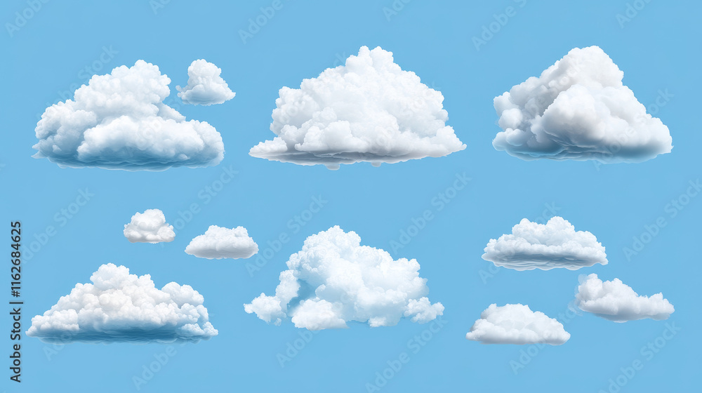 Poster clouds in cloudy sky realistic vector design on transparent background. blue heaven with 3d white cl