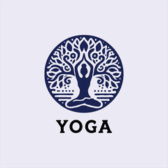 a yoga logo with a tree and a person doing yoga
