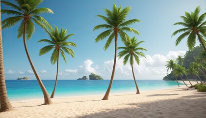 Fototapeta premium green beach with palm trees, a tropical summer beach and a summer background