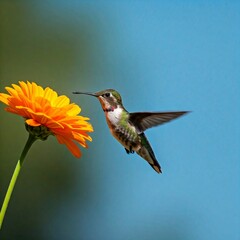 Fototapeta premium A hummingbird captured in slow motion as it hovers near a vibrant flower, with the sky as a backdrop. 