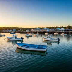 Fototapeta premium A small fishing village on the coast of Queensland, with boats bobbing in the water under a soft morning light. 