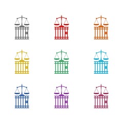 Justice scale and prison icon isolated on white background. Set icons colorful