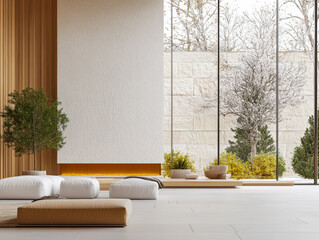 Modern minimalist interior design with natural light and greenery in a serene setting