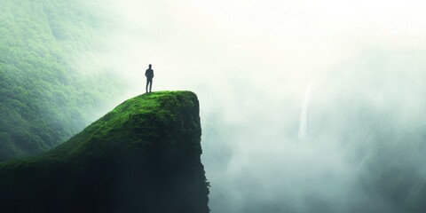 A solitary figure stands atop a lush green cliff surrounded by mist and tranquility.
