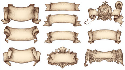 Scrolls, manuscripts and ribbon banners in vintage engraving style isolated on white background for heraldic or historical design