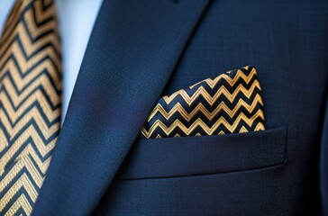 Elegant Mens Suit Detail: Zigzag Pattern Pocket Square and Tie