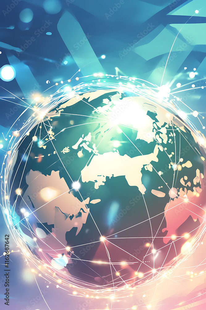 Poster a digital representation of a globe interconnected with lines, symbolizing global connectivity.