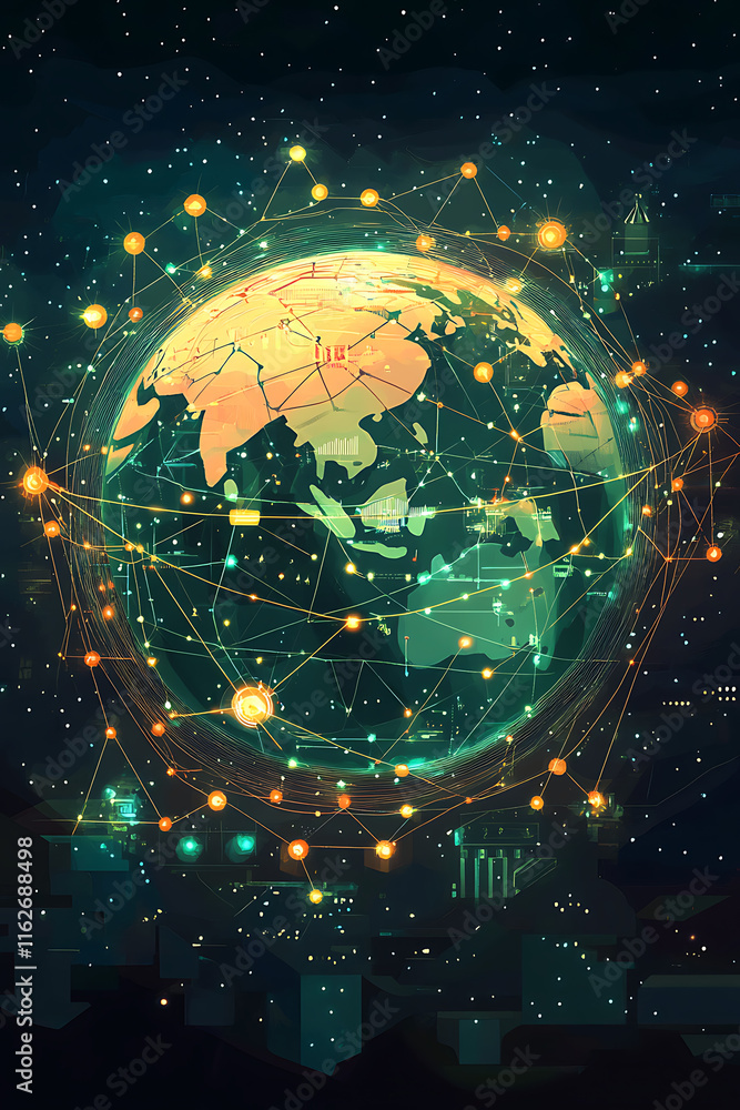 Poster a digital representation of earth interconnected by networks and lights against a starry backdrop.