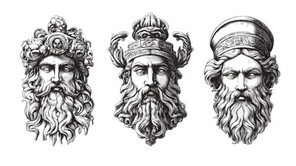 Fototapeta premium Three Ornate Engraved Heads With Elaborate Headwear
