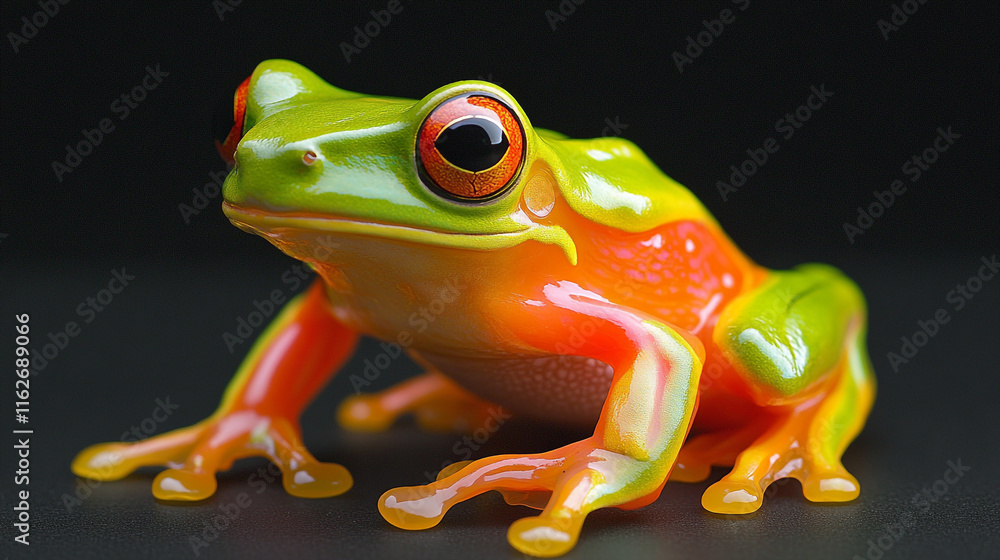 Poster colorful tree frog perched on a dark surface in a natural setting during daytime