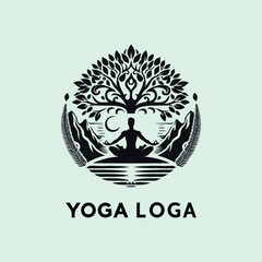 a yoga logo with a tree and a person doing yoga