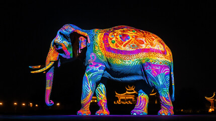 Vibrant elephant illuminated in colorful patterns during a festive evening celebration