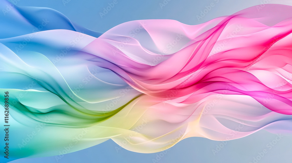 Poster Colorful flowing fabric waves create a serene abstract background showcasing vibrant hues and soft transitions