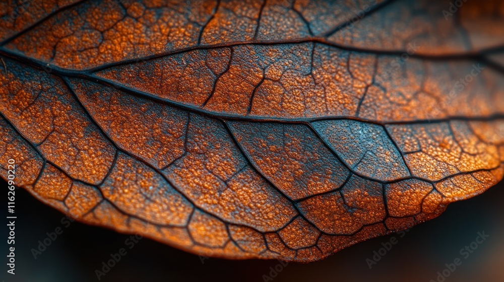 Poster close-up of a dried leaf showing intricate vein patterns and texture.