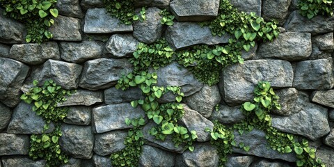 Stone wall with moss and vines in natural texture
