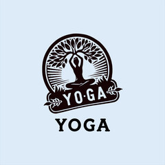 a yoga logo with a tree and a person doing yoga