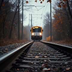 Fototapeta premium Un tren se aproxima por las vías en un paisaje otoñal, creando una atmósfera de viaje y aventura 