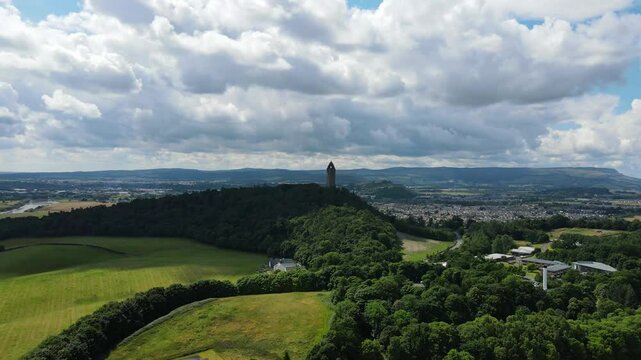 Aerial views of the National Wallace Monument Stirling, Scotland.