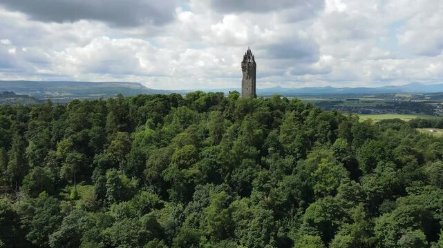 Aerial views of the National Wallace Monument Stirling, Scotland.