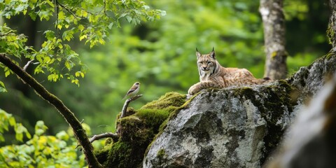 Obraz premium A Lynx is Resting Quietly on a Beautiful, Mossy Rock in a Serene, Lush, and Green Forested Area