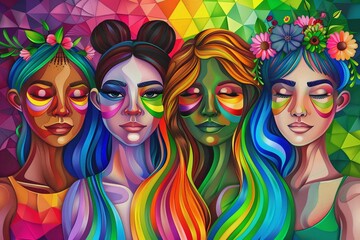 Obraz premium Vibrant portrait of four women with colorful, stylized makeup. Their flowing hair and floral crowns create a whimsical, artistic mood.