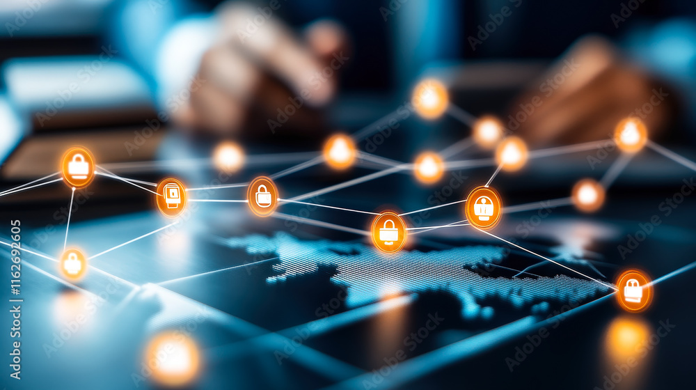 Poster digital connectivity and security network illustration showcasing global data protection strategies