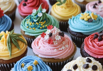 Assorted Colorful Delicious Cupcakes with Sprinkles and Flowers