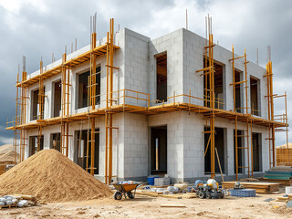 Unfinished Building with Aerated Concrete Block Walls on a Busy Construction Site