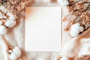 Blank card surrounded by cotton and dried flowers on a textured fabric surface