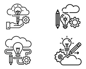 Creative Line Art Icon for Innovation and Design - Light Bulb, Pencil, Gear, and Cloud Vector Illustration