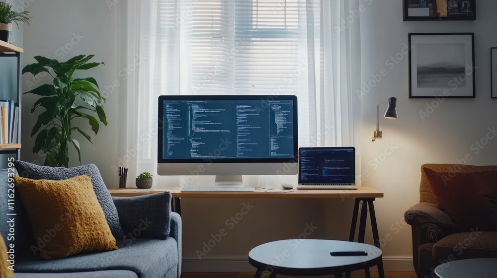 Poster a cozy workspace featuring a computer setup with coding on screens and a comfortable atmosphere.