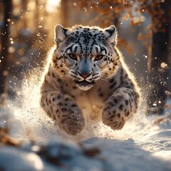 Obraz premium Majestic snow leopard leaping through snowy forest, backlit by golden sunlight.