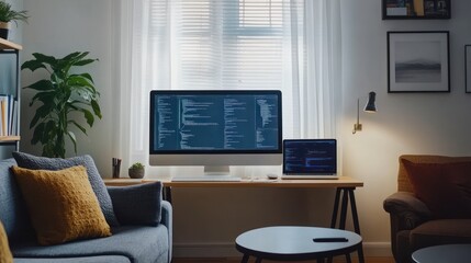 A cozy workspace featuring a computer setup with coding on screens and a comfortable atmosphere.