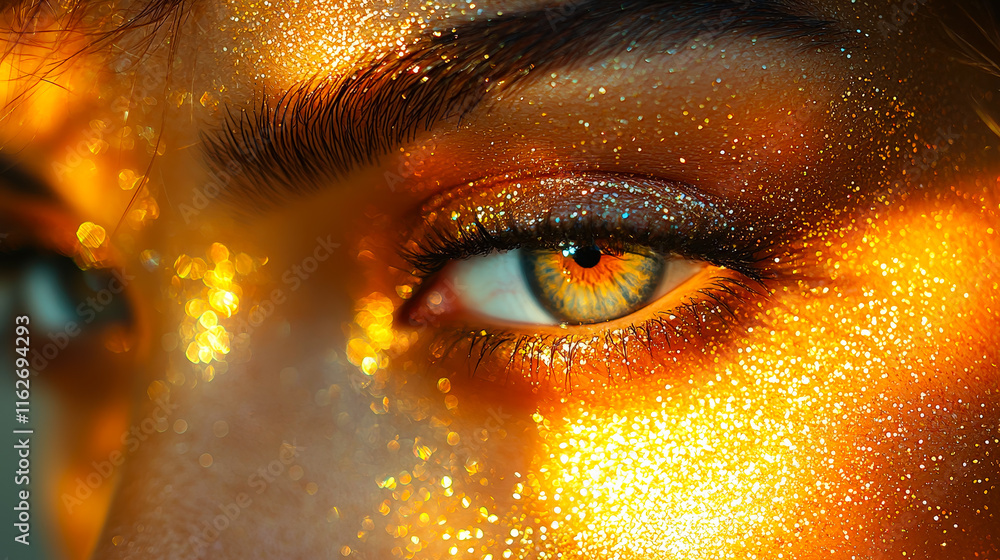 Poster close-up view of a stunning eye illuminated by golden sparkles in a vibrant, artistic setting during